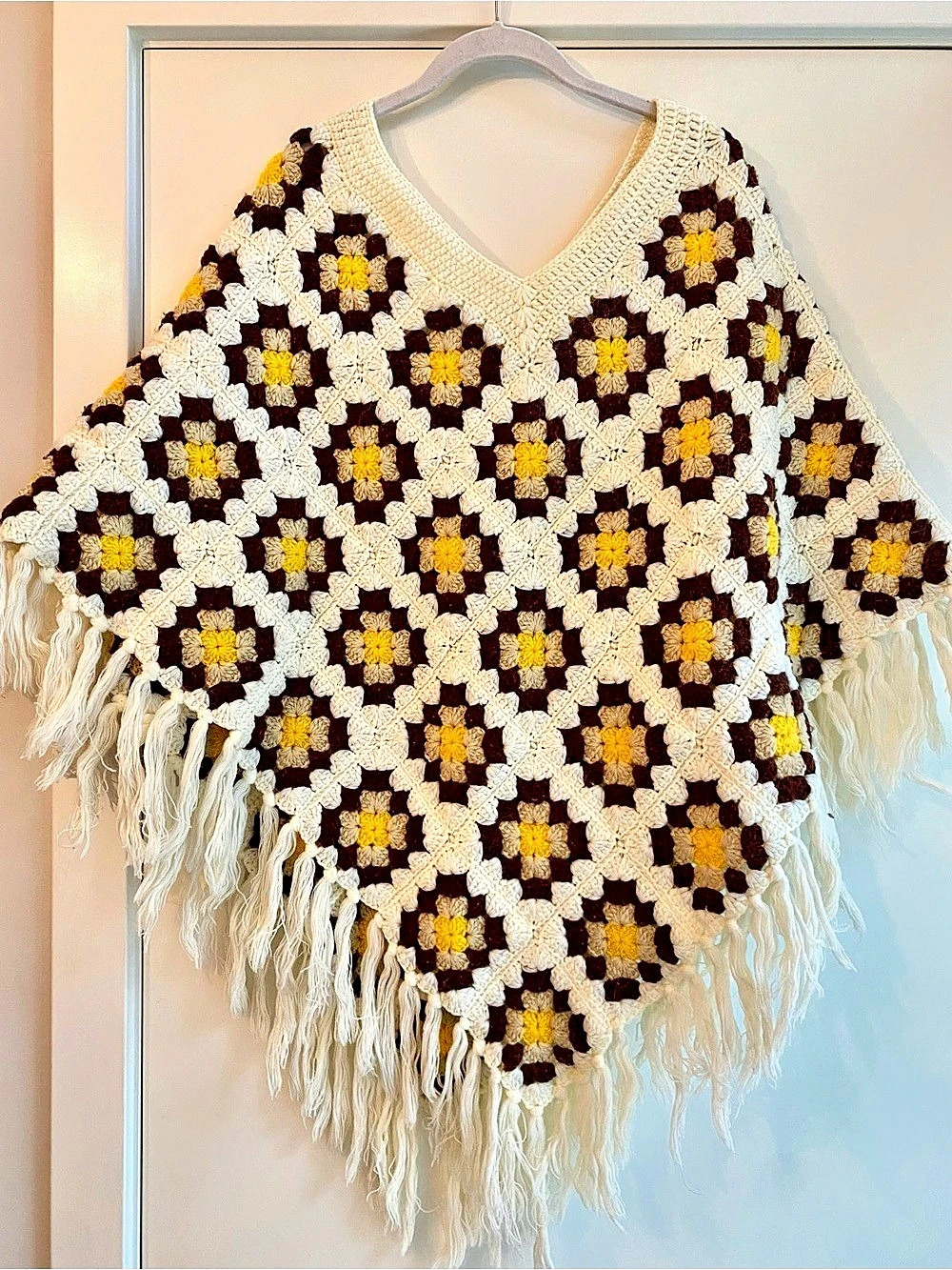 Crochet Geometric Fringe Poncho in Cream & Brown Like New